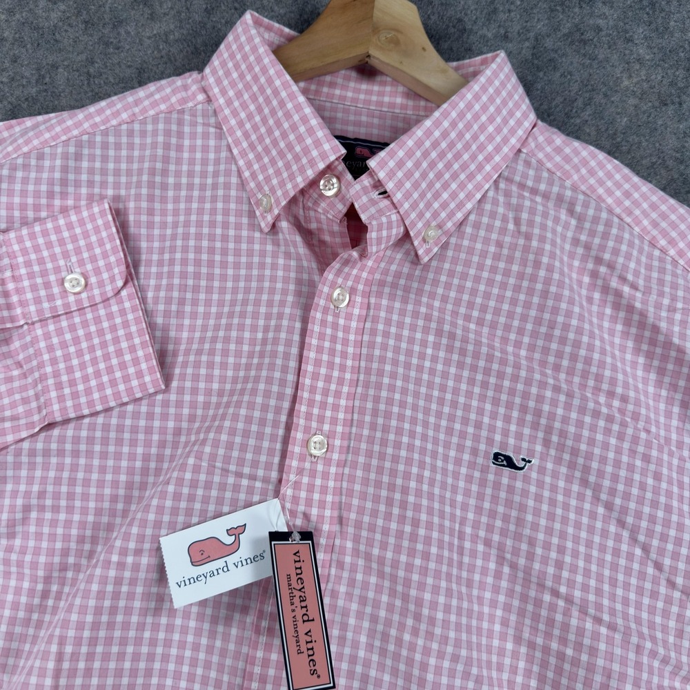 Vineyard Vines Shirt Mens Large Pink Gingham Check Slim Whale Cotton Long Sleeve